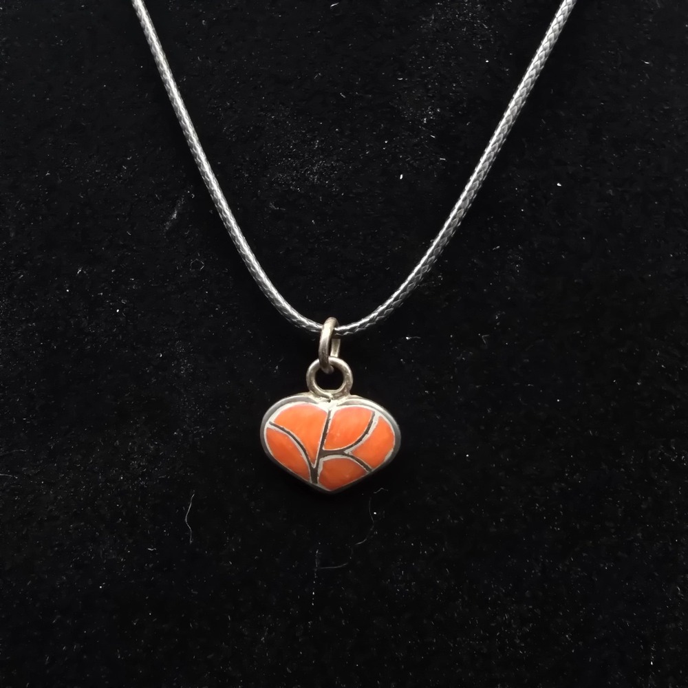 Sterling Silver Coral In Lay Heart Pendant on Black Cord Necklace